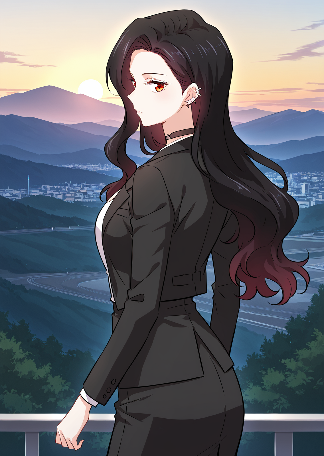 <lora:Immortal_Swordsman_In_The_Reverse_World__Ye_Wan_Qing:1>
1 girl, solo, black hair, long hair,  wavy hair, side part, red eyes, 
black suit, white low cut blouse, black pencil skirt, office outfit, black choker, formal attire, earrings, piercing
score_9, score_8_up, score_7_up, source anime, BREAK, cowboy shot, (from side), looking back, looking at viewer, overlooking mountain, high altitude, scenery, exterior, background