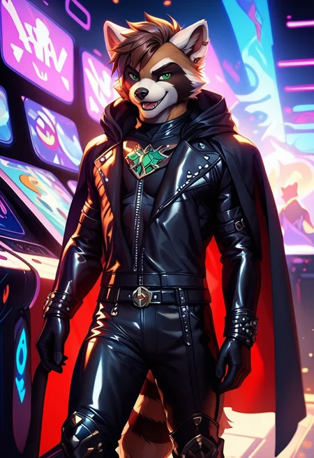 score_9, score_8_up, score_7_up,score_9, score_8_up, score_7_up, ((cowboy shot)), arcade, standing, BREAK, ((High fantasy art style)), solo, male, anthro raccoon, black hooded cloak, (black leather breastplate), black leather greaves, black leather pauldrons, black leather boots, brown hair, ((detailed green eyes)), ((Masterpiece), (absurdres), (shadowy), (mysterious), ((smirk)), open mouth