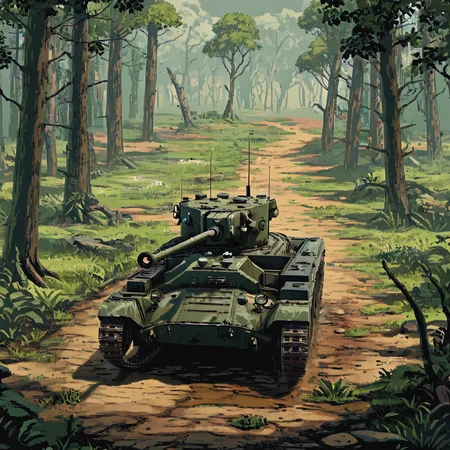 A tank on patrol in the jungles of Burma, its green paint blending with the dense tropical foliage. The image reflects the tank's role in the challenging conditions of Southeast Asia, supporting British and Commonwealth troops against Japanese forces ((pulp_comic, heavy_lines, hand_drawn, hand_inked, hand_colored, perfect_face, apxlz))