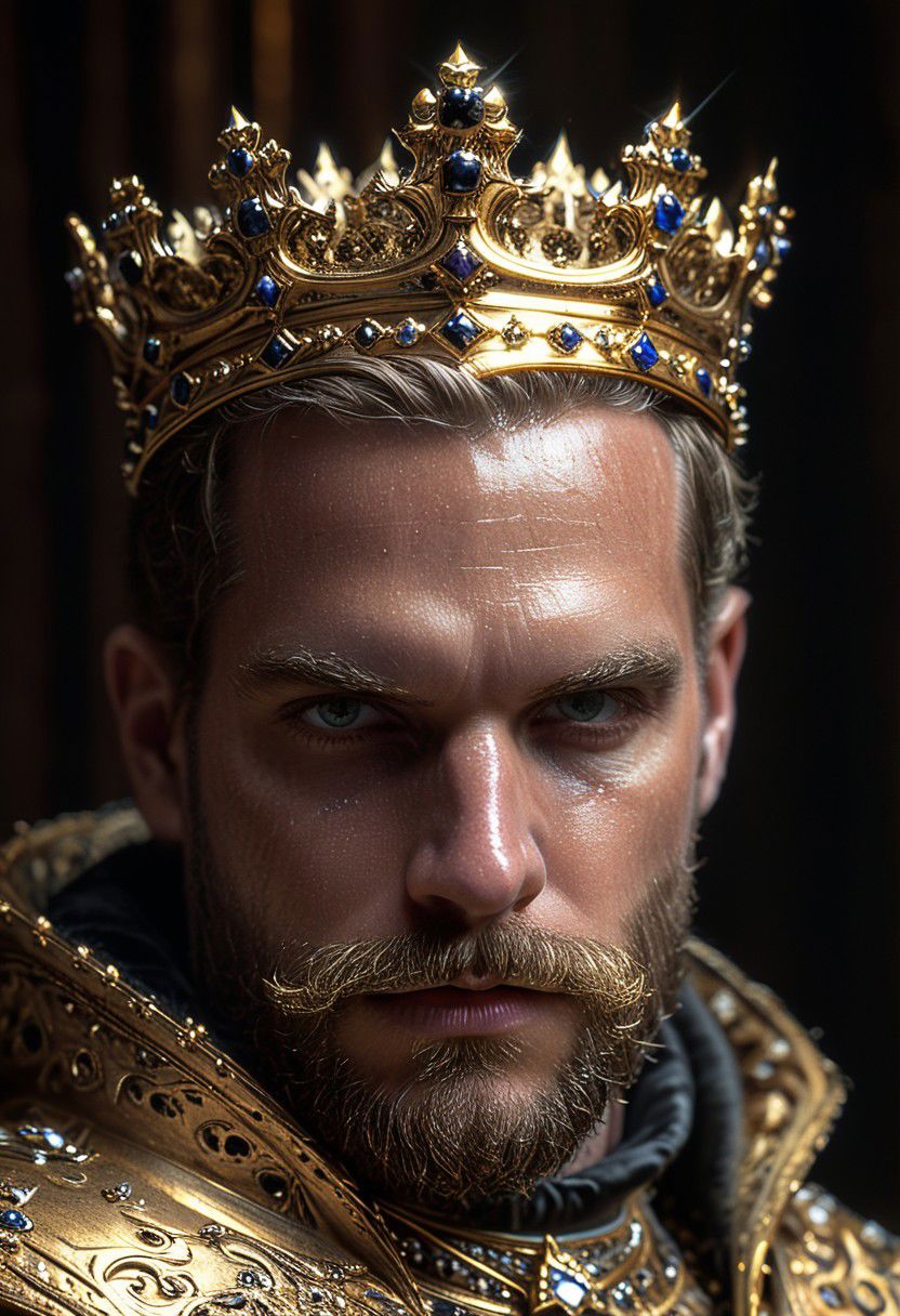 gold and black, glow, shine, luxury, expensive, royal, crown, throne, regal, sharp eyes, goatee beard, FastNegativeV2, extremely detailed, HKStyle, epiCNegative