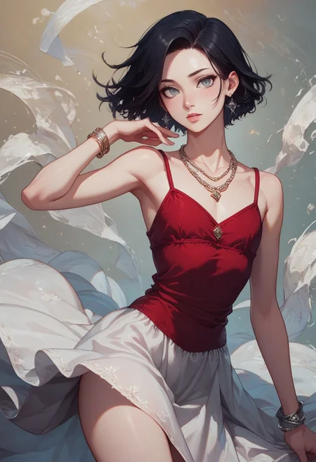 score_9, score_8_up, score_7_up, 1boy, femboy, otoko no ko, short hair, bob cut hair, black hair, grey eyes, gray eyes, feminine face, toned body, Shelly, camisole dress, loose dress, silk dress, red dress, earrings, necklace, bracelet, elegant, flowing, highly detailed, intricate, zzCitronCAT, flirty expression, model pose, cowboy shot, looking at viewer, modelshoot, abstract background, solo
