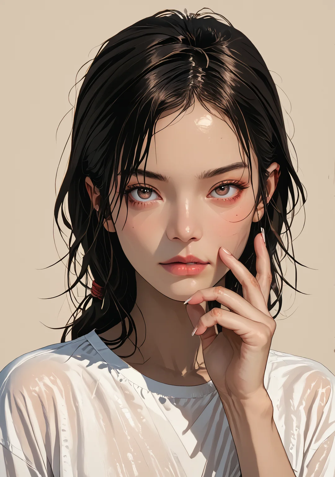 score_8_up, score_7_up, asian woman, slanted eyes, highly detailed face, one visible hand, five fingers per hand, detailed fingers, perfect hand, perfect contrasts, natural background <lora:Hands_SDXL_EauDeNoire:2>, sharp lines