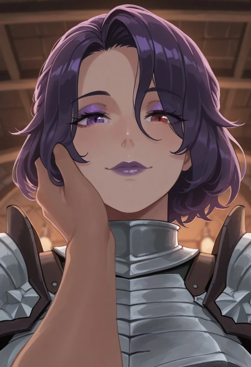 source_vanillaware,
from below, face focus, pov hand, hand on cheek,
1girl, solo,
AmaliaIL, Amalia Unicorn Overlord,
tan skin, purple eye, detiled eyes, red eye, heterochromia, purple eyeshadow, dark purple hair, short hair, detailed lips, luscious lips, glossy lips, purple lips,
muscular, milf, large breasts,
steel armor, high collar, pauldrons,
subtle smile, looking at viewer,
tavern,