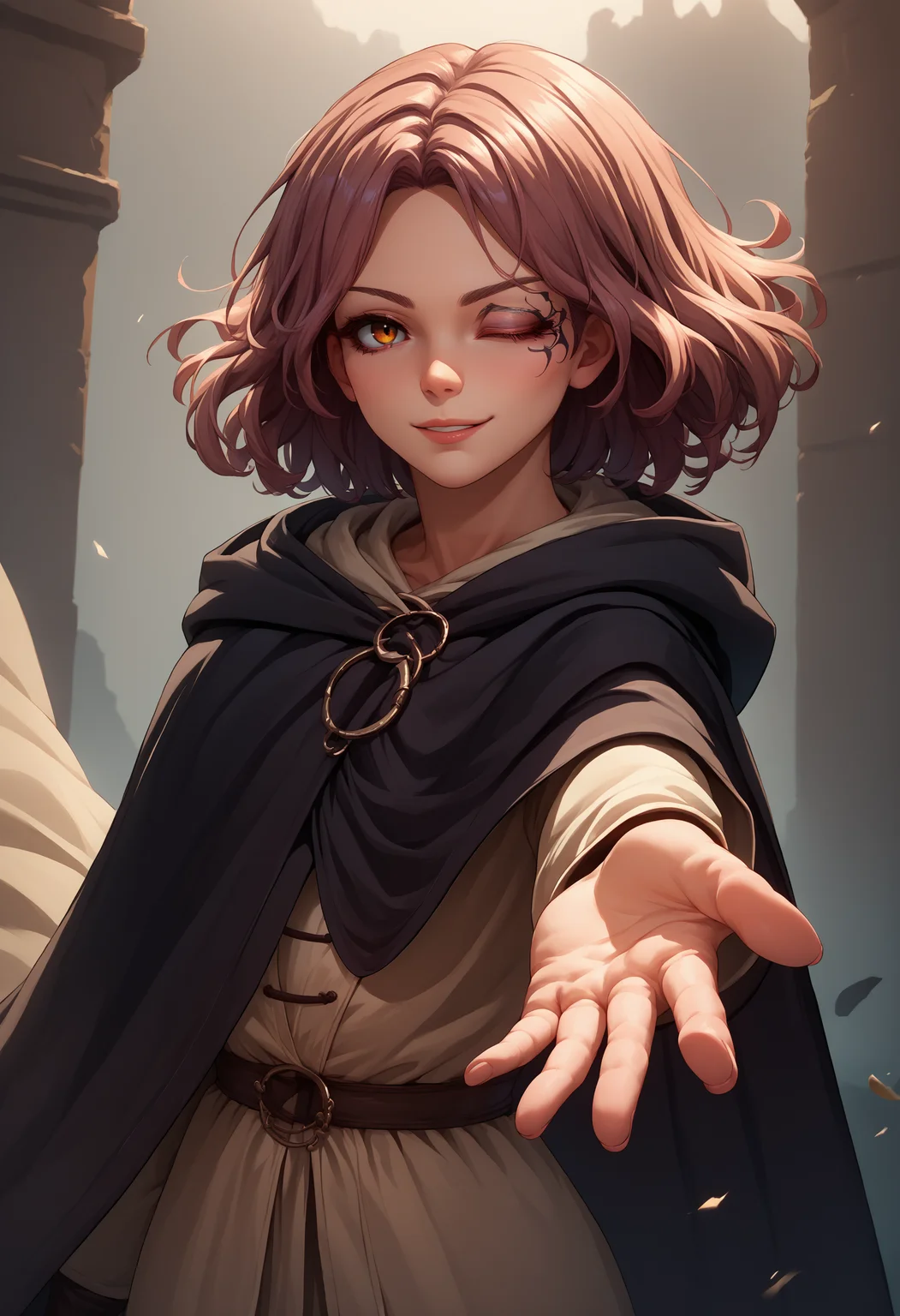 score_9, score_8_up, score_7_up, source_anime, 1girl, beckoning, reaching towards viewer, <lora:Beckoning_XLPD:1.1>, <lora:Melina_XLPD:1> IncrsMelina, one eye closed, cloak, hooded cloak, hood up, seductive smile,