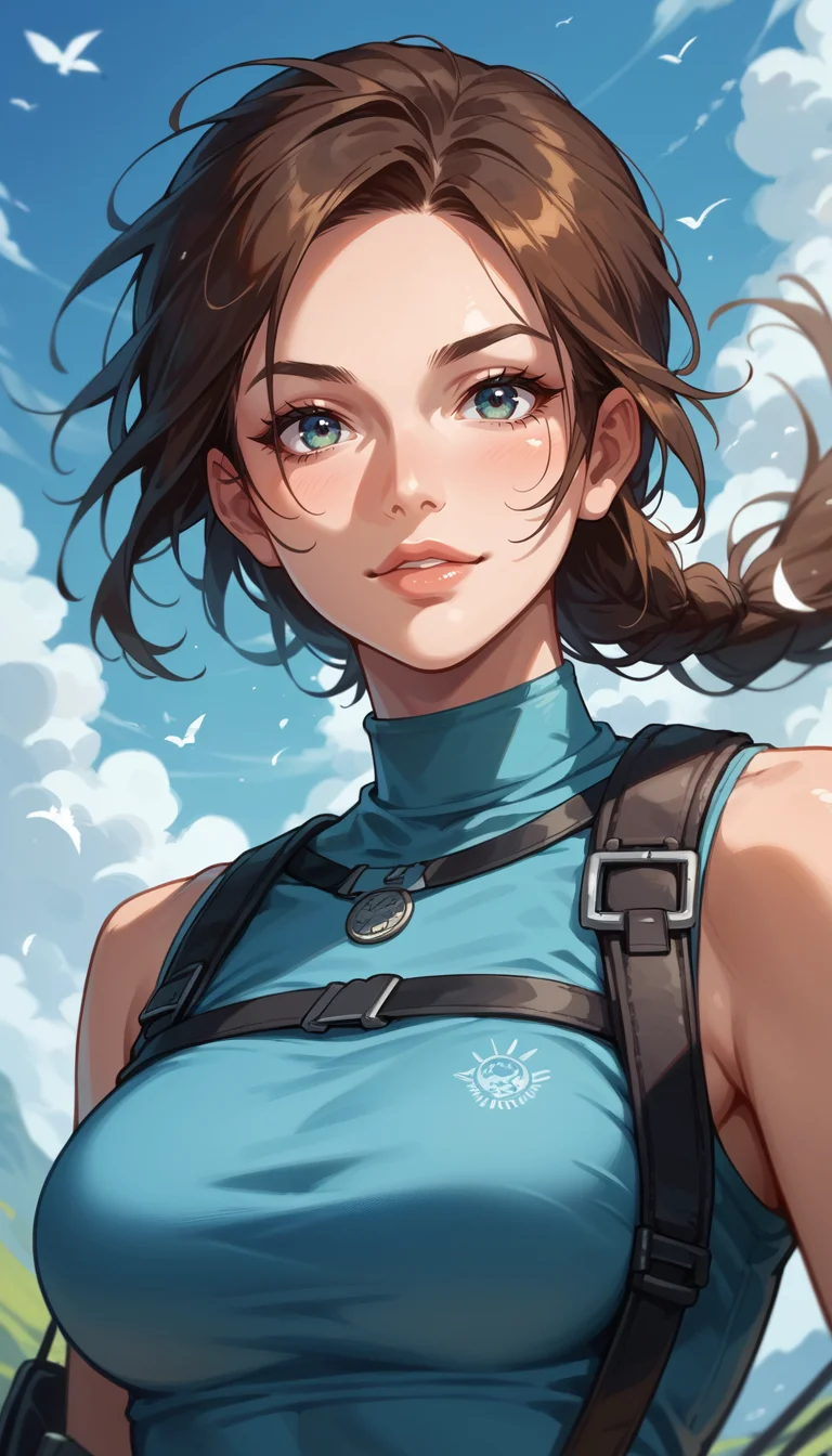 score_9, score_8_up, score_7_up, Anime Style, Portrait, Lara Croft, adventurer, cute, seductive, innocent, light smile:0.3, plump lips, slender body, her hair billowing in the wind, enjoying the stunning view, depth of field, dynamic angle, fashion photography, sharp, hyperdetailed:1.15
