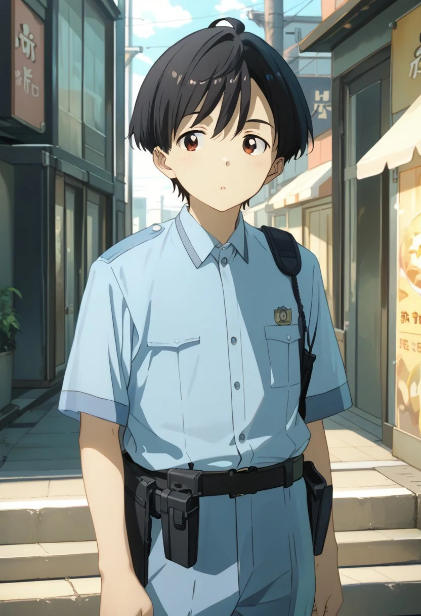 score_9, score_8_up, score_7_up, zPDXL2,
,
kazuhiko nukumizu, black hair, brown eyes, male Japanese Summer Police Uniform,light-blue collared shirt, rank slides,hip holster