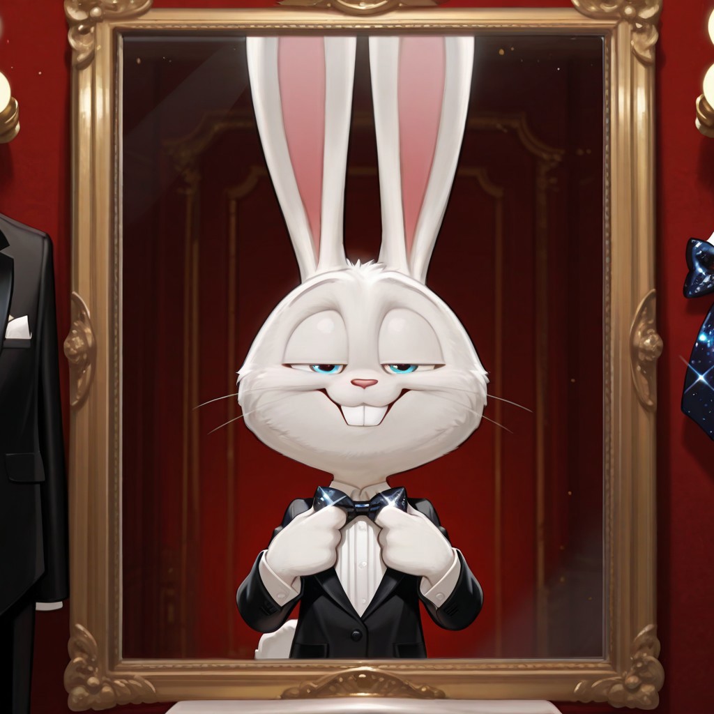 masterpiece, amazing quality, absurdres, ultra-detailed, detailed fluffy fur, no humans, furry male, solo, short, alec_azam, 1boy, white fur, blue eyes, whiskers, buck teeth, rabbit tail, long ears, (droopy ears:1.1), unaligned ears, grin, teeth, smug, half-closed eyes, eyelids, black suit jacket, white shirt, black bowtie, sequined bowtie, sparkly bowtie, glitter bowtie, detached collar, adjusting bowtie, hands up, leaning back, fluffy, body fur, fewer digits, 4 fingers, looking at viewer, big head, upper body, 
BREAK
looking at mirror, indoors, dressing room mirror, light bulbs, illuminated mirror frame, shadow, light particles, detailed shading, WaiIL25PosC