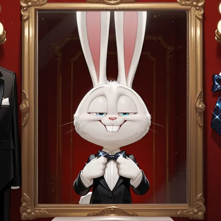 masterpiece, amazing quality, absurdres, ultra-detailed, detailed fluffy fur, no humans, furry male, solo, short, alec_azam, 1boy, white fur, blue eyes, whiskers, buck teeth, rabbit tail, long ears, (droopy ears:1.1), unaligned ears, grin, teeth, smug, half-closed eyes, eyelids, black suit jacket, white shirt, black bowtie, sequined bowtie, sparkly bowtie, glitter bowtie, detached collar, adjusting bowtie, hands up, leaning back, fluffy, body fur, fewer digits, 4 fingers, looking at viewer, big head, upper body, 
BREAK
looking at mirror, indoors, dressing room mirror, light bulbs, illuminated mirror frame, shadow, light particles, detailed shading, WaiIL25PosC