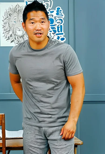 (((htkangface))), daddy, natural face expression, (((detailed HtKangface))), fixed htKangface Photorealistic, realistic, masterpiece, intricate details, detailed background, depth of field, photo of a handsome, dynamic pose, natural face expression, (((looking at viewer))), high detail, high quality, male focus, ((T shirt)), ((pants)), ((classroom background))
