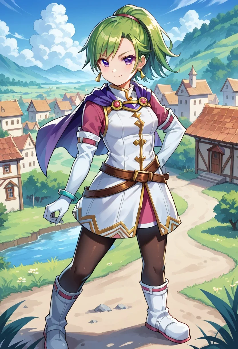 score_8, score_8_up, score_7_up, source_anime, anime screenshot, 1girl, female focus, solo, Karis_GS, green hair, ponytail, purple eyes, earrings, blue capelet, small breasts, mandarin collar, white coat, ribbon trim, gold trim, crossed belts, pink miniskirt, pink undershirt, pink sleeves, white gloves, elbow gloves, bracelet, black pantyhose, white boots, full body, outdoors, fantasy village background, smug, looking at viewer