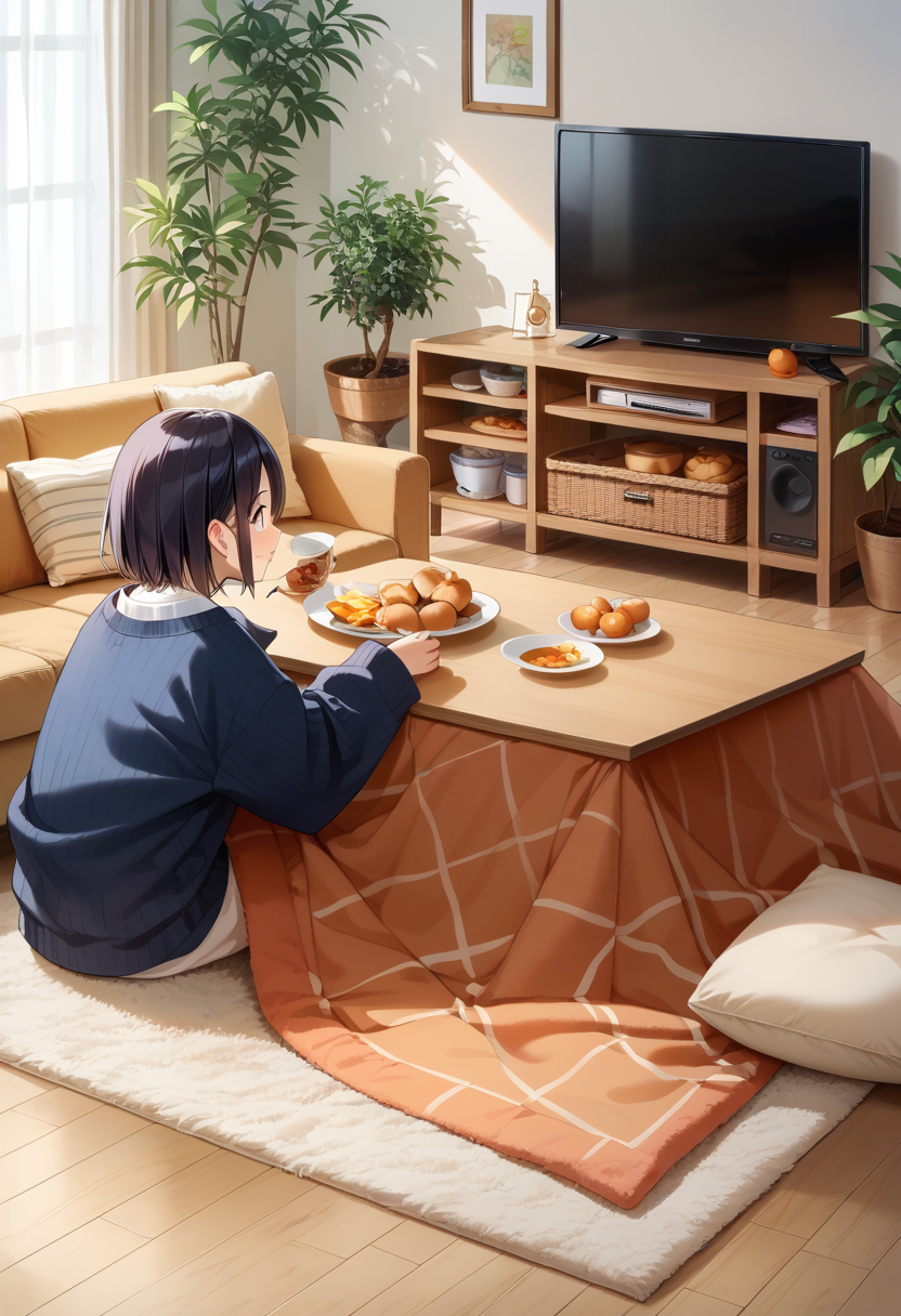score_9, score_8_up, score_7_up, rating_safe, masterpiece, best quality, absurdres, unity 8k wallpaper, official art, official style, source_anime, uncensored, game cg, megami magazine, ultra delicate hair,
kotatsu, plant, black hair, television, indoors, potted plant, short hair, sitting, plate, couch, food, long sleeves, rug, wooden floor, sweater, shirt, holding, 
<lora:kotatsu_pony_V1:1>