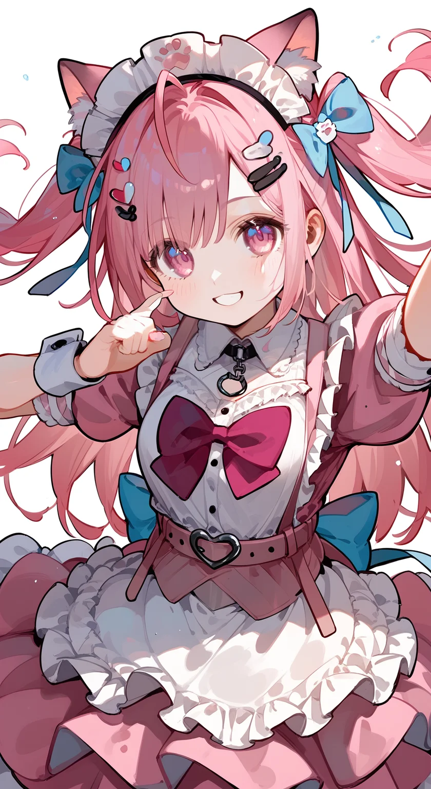 score_9, score_8_up, score_7_up, 1girl, solo, looking at viewer, smile, blush, foreshortening, <lora:yuuki_sakuna_pony:0.92>, yuuki sakuna, animal ears, pink hair, cat ears, maid headdress, long hair, hair ornament, bow, animal ear fluff, ahoge, bangs, two side up, cat hair ornament, hair bow, hairclip, blue bow, pink eyes, apron, short sleeves, dress, puffy short sleeves, frills, heart, puffy sleeves, white apron, maid, pink dress, wrist cuffs, kicking,