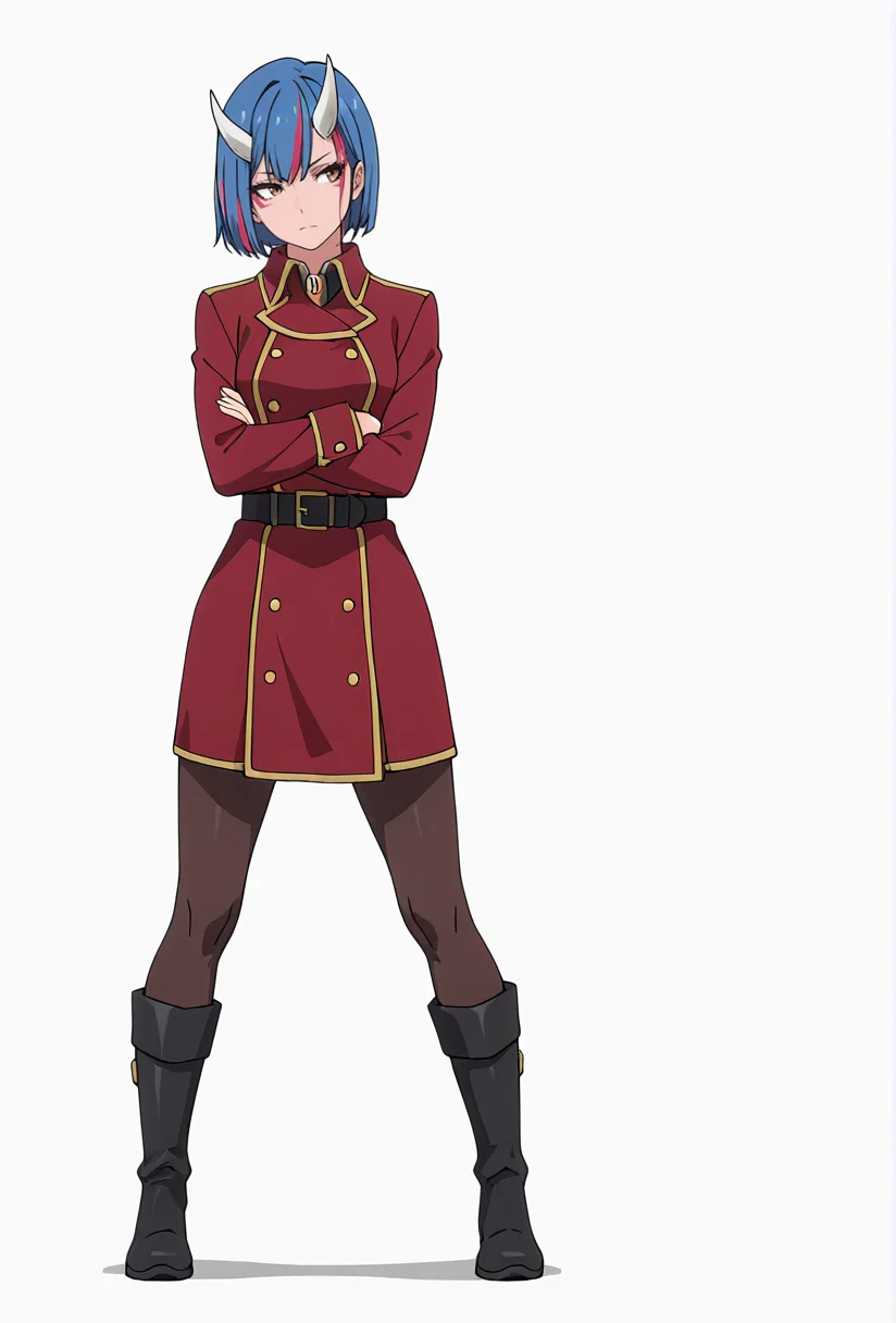 Smooth Quality,masterpiece,very intricate, high quality details, ultra realistic, high detailed skin,detailed enviorement,absurdres,
simple background, white background,
,depressed,standing, arms crossed, head tilt, serious, balanced stance, confident, ,
<lora:Gobwa_cnn:0.8> gobwacnn,1girl, short hair,blue hair, multicolored hair, facial mark, streaked hair,white horns, brown eyes,shirt,red jacket, red coat, black belt, double-breasted, boots,