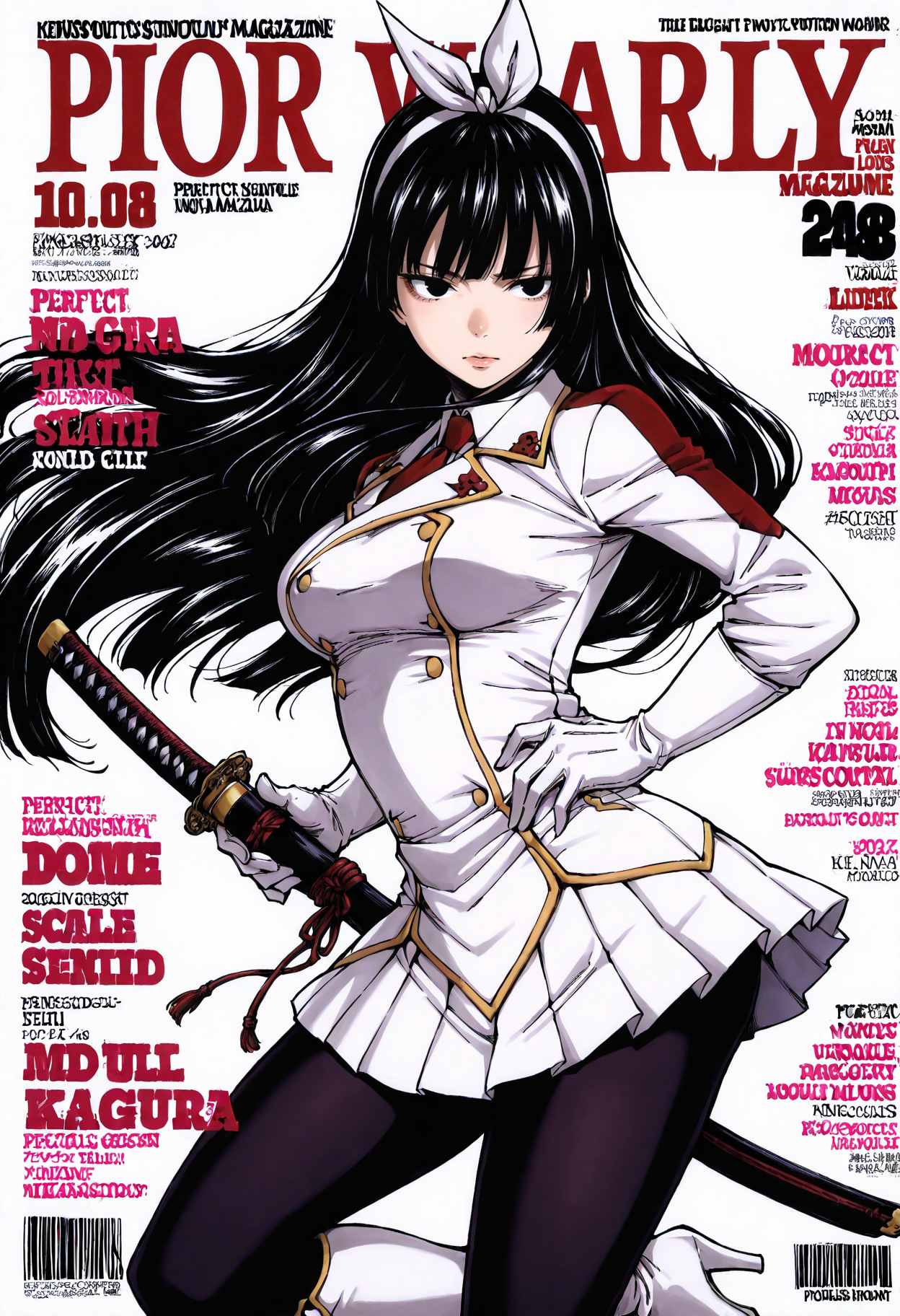 <lora:add-detail-xl:1>,masterpiece,best quality,absurdres,highres,detailed eyes,beautiful,detailed background,perfect eyes,realistic,solo,
magazine cover,fake magazine cover,english text,cover,fake cover,price,cover page,text focus,barcode,dated,cowboy shot,dynamic pose,
<lora:Kagura_Mikazuchi:1>,Kagura_Mikazuchi,1girl,long hair,pantyhose,boots,black hair,skirt,gloves,high heels,uniform,white gloves,black pantyhose,necktie,high heel boots,white footwear,very long hair,pleated skirt,bow,hair bow,black eyes,white bow,knee boots,breasts,white skirt,military uniform,hairband,ribbon,sheathed,white ribbon,bangs,hair ribbon,red necktie,medium breasts,long sleeves,miniskirt,jacket,katana,