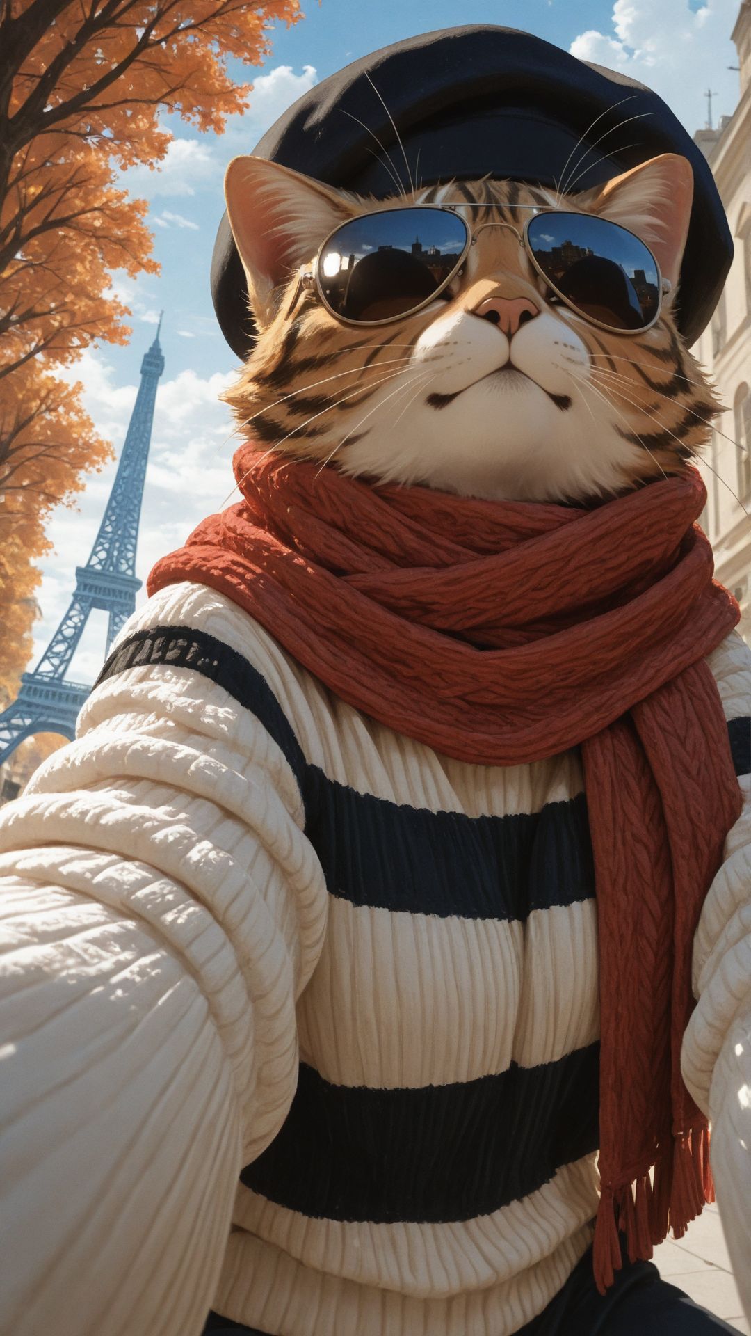 animal, male, semi-realism, (painterly:1.3), <lora:add-detail-xl:1>
masterpiece,best quality,
tabby cat, orange cat, whiskers, aviator sunglasses, subtle reflection sunglasses, parisian outfit, wearing a knitted sweater, white sweater, striped sweater, horizontal stripes, black stripes, black beret, beret titlted a little, knitted scarf, red scarf, takinf a selfie,  
cool, confident expression, eiffel tower in background, street, buildings, trees lined on both sides of the road, autumn colored tress, cloudy sky, whimsical atmosphere, dreamy, fantasy seetings, detailed fur texture, fabric folds, soft lighting, shading, playful, elegant,  
facing viewer, from below,