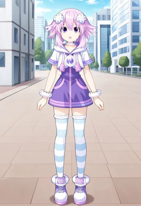 masterpiece, best quality, amazing quality, very aesthetic, absurdres, newest,shiny skin,, anime screenshot, anime coloring, NepNep, purple hair, purple eyes, neptune (neptune series), NepNep, Fol001, Np_Def, purple hair, purple eyes, neptune (neptune series), d-pad hair ornament, cropped hoodie, closed hoodie, white hoodie, white hood, hood down, white choker, zipper dress, purple dress, white bracelet, collarbone, striped thighhighs, short sleeves, white thighhighs, blue thighhighs,
simple background, city background, open mouth, looking at viewer, xdive, Serious expression, Full body,