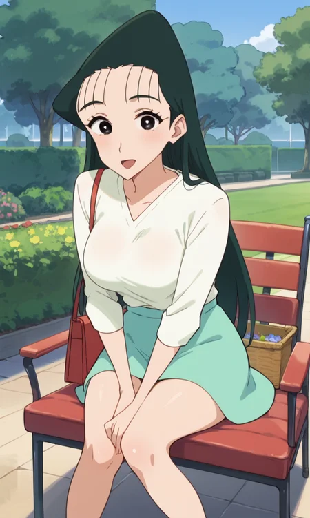 (1girl:1.3), (score_9, score_8_up, score_7_up, score_6_up, score_5_up, score_4_up), (source_anime), rating_questionable, (cowboy shot:1.3), <lora:ohara_nanako_v6:1> (ohara-nanako, black eyes, green hair, long hair, slicked back hair, forehead), (large breasts), outdoors, park, garden, open mouth, white shirt, skirt, handbag, looking at viewer, skindentation, (happy:1.3), sitting on chair, (knees together:1.3)
