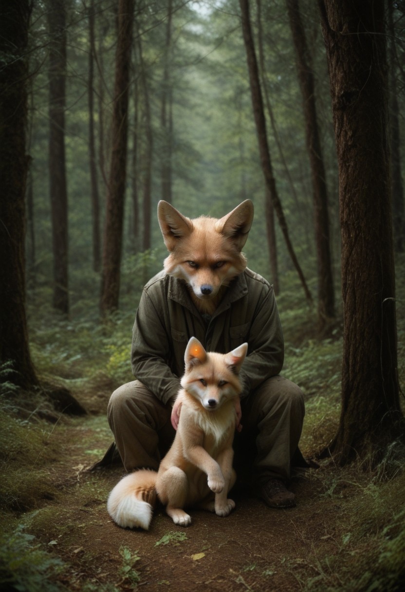anthro, 1boy, fox, sitting, fallen tree, in a forest background, UHD, score_8_up, score_9
