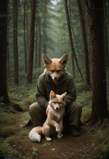 anthro, 1boy, fox, sitting, fallen tree, in a forest background, UHD, score_8_up, score_9