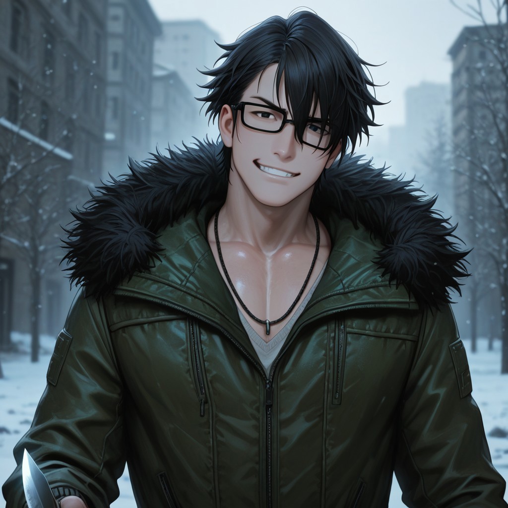 masterpiece, best quality, amazing quality, absurdres, newest, detailed background, definition so sharp, Ultra-HD, 8K cinematic, very awa, impressionate, amazing quality, highres, 
solo, male focus, manly, mature male, bara, charming, cool, badass, cold light, blurry background, outdoor, 
1boy, short hair, glasses, saruhikofushimi, saruhiko_black hair, saruhiko_black eyes, green jacket, fur-trimmed jacket, white v-neck, necklace, knife, throwing knife,
grin, smirk, excited, upper body, holding weapon, looking at viewer, front,