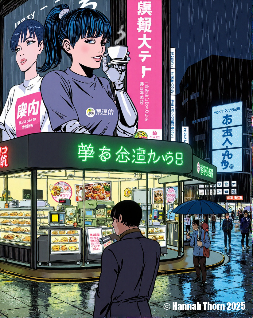 A vibrant, anime-inspired illustration of a futuristic bakery. In the foreground, a young woman with gravity-defying blue pigtails and robotic arm serves a cyborg pastry chef a steaming cup of cyber-matcha. The bakery is filled with hovering pastries, neon signs displaying calorie counts, and customers with augmented reality glasses. Outside, a rain-slicked street reflects the bakery's vibrant glow and the towering holographic advertisements above. A lone salaryman with an umbrella hurries past. The style blends the energy of Tokyo street fashion with the meticulous detail of a Studio Ghibli background. Emphasis on dynamic lighting, intricate details, and a sense of whimsical futurism. <lora:_Flux\_Painting\Crepax_Valentina.safetensors:1.0:1.0>