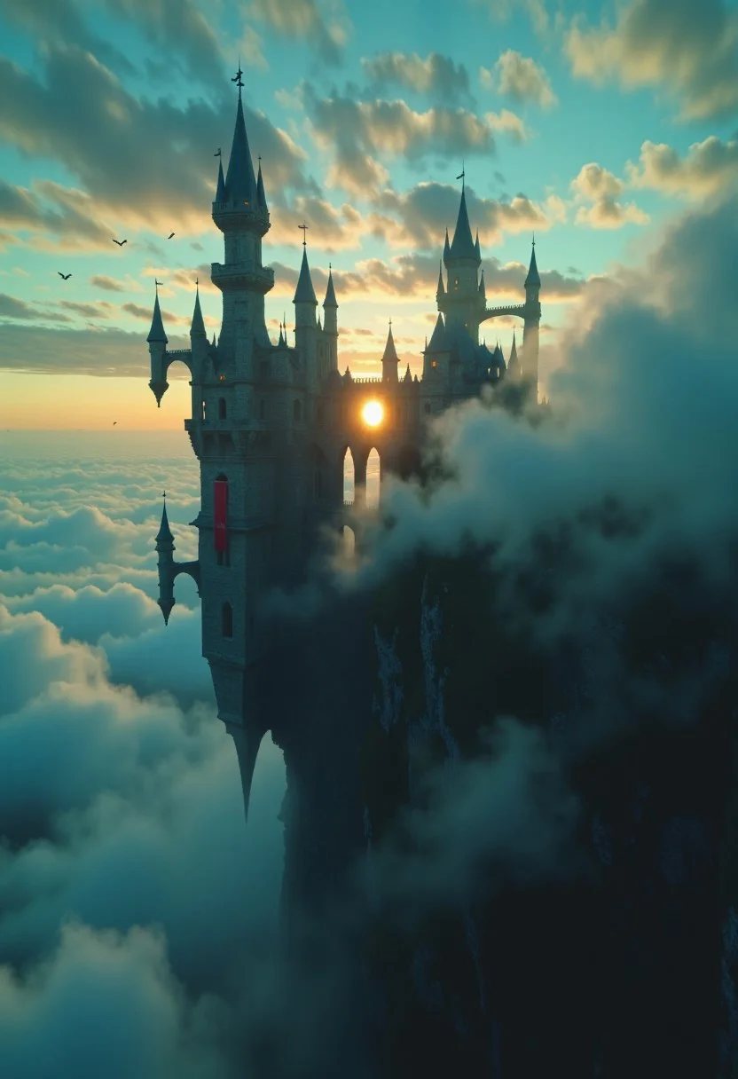 An impossibly constructed, ancient castle juts out from a jagged cliff, defying physics with its dizzying angles and gravity-defying arches. Towering spires twist unnaturally upward, some seemingly floating or barely anchored, their gray stone cloaked in age and mystery. The castle’s silhouette cuts through thick clouds, framed by a surreal, atmospheric sunset in deep cyan, turquoise, and pale gold tones.
A soft, otherworldly light pierces through shifting layers of mist and cloud, casting ethereal blue-green reflections across the jagged stonework. The sky bleeds with swirling clouds lit from behind by a fading sun, turquoise hues melting into darkening gray. Birds spiral upward into the light as if drawn by some silent call.
Elaborate stone bridges stretch in impossible spans over a bottomless chasm, partially shrouded in fog. Red banners flutter like warnings in the cold wind. The walls glow faintly with scattered lanterns and flickering torches, their warm light barely touching the vast cold stone.
Every battlement, gate, and arch is crafted with a baroque, mind-bending precision, almost alien in its symmetry and age. The entire structure hums with a quiet dread, standing still against the winds of time. The viewer gazes upward from afar, the castle looming high above in a dreamlike perspective. ethdysty, dracula's castle, neon-mist