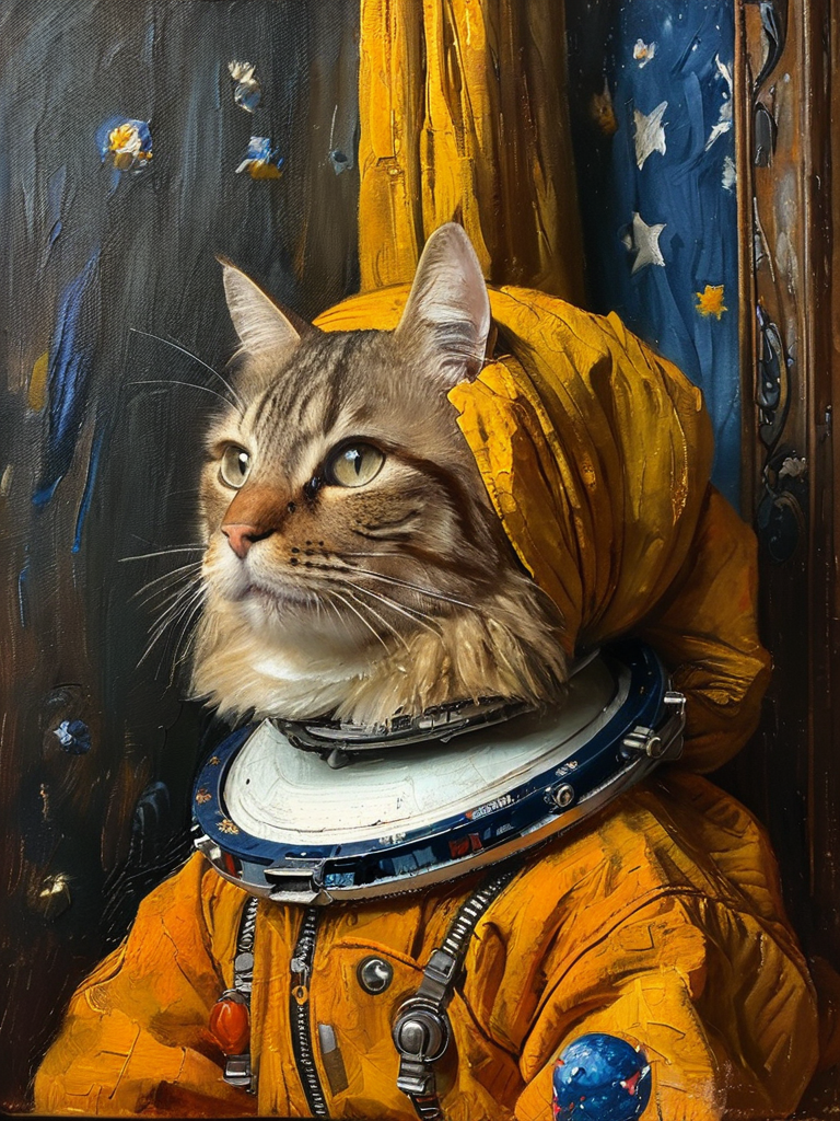 masterpiece,best quality,<lora:tbh122-sdxl:0.9>,portrait of cat astronaut,oil painting,style of Jan Vermeer,