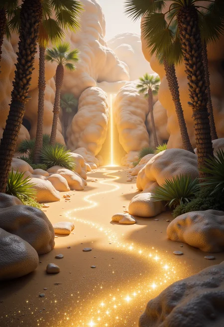 A surreal desert oasis with sparkling sand, digital art, tags: desert oasis, sparkling sand, glowing water, ethereal atmosphere, fantasy landscape, detailed textures, warm colors, surreal, tranquil, serene, mystical, golden tones, dreamlike, fantasy setting, otherworldly, mystical light, detailed foliage, imaginative, shimmering, peaceful, digital painting