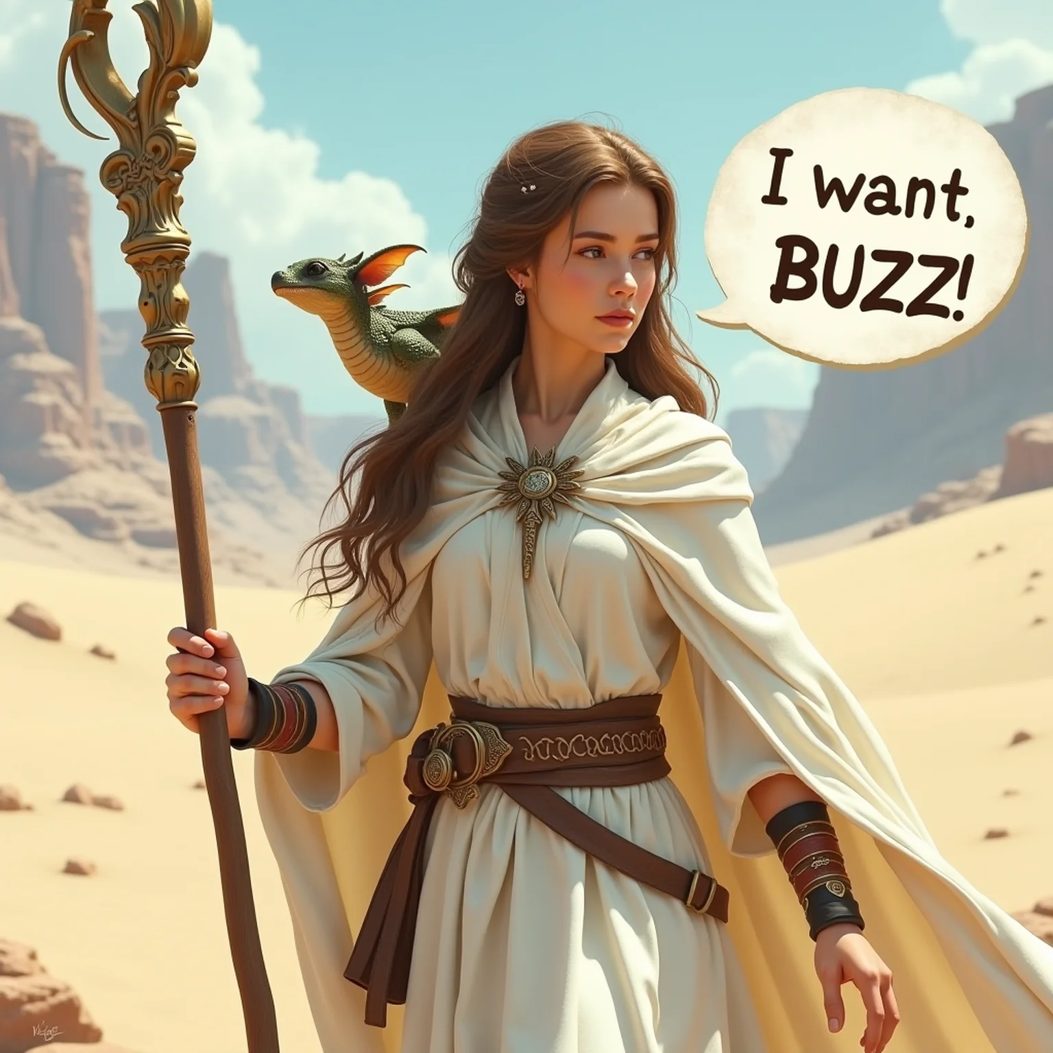 high definition, extremely detailed, 
masterpiece, photo realistic, 

This is a digital CGI image, A fantasy world with a 19-year-old girl who fights with magic, wields a staff that can cast spells, and has a child-sized dragon as her familiar, perched on her left shoulder.

large speech bubble says 'I want BUZZ', she is crossing a deserted desert during her training journey. She has run out of water in her canteen, and her throat is parched. Her familiar is also thirsty and looks up at the sky. 

She is dressed in medieval-style attire, consisting of a long, flowing white dress with a  cape draped over her shoulders. Her hair is long and brown, cascading over her shoulders. In her right hand, she holds a staff adorned with intricate carvings, and in her left hand,

