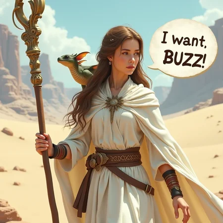 high definition, extremely detailed,
masterpiece, photo realistic,
This is a digital CGI image, A fantasy world with a 19-year-old girl who fights with magic, wields a staff that can cast spells, and has a child-sized dragon as her familiar, perched on her left shoulder.
large speech bubble says 'I want BUZZ', she is crossing a deserted desert during her training journey. She has run out of water in her canteen, and her throat is parched. Her familiar is also thirsty and looks up at the sky.
She is dressed in medieval-style attire, consisting of a long, flowing white dress with a cape draped over her shoulders. Her hair is long and brown, cascading over her shoulders. In her right hand, she holds a staff adorned with intricate carvings, and in her left hand,