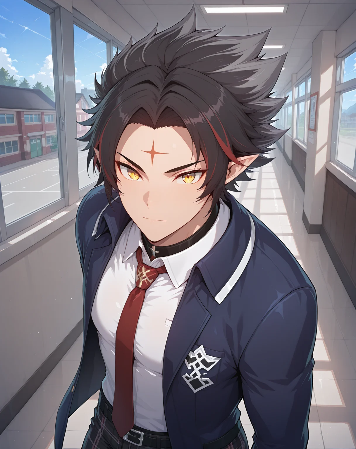 masterpiece, best quality, absurdres, very aesthetic,
1boy, solo, yaoi, male focus,
looking at viewer, cowboy shot,
<lora:Ryan_Werewolf:1> ryanwerewolf, black hair, multicolored hair, pointy ears, facial mark, red hair, two-tone hair, streaked hair, forehead mark, yellow eyes,
school uniform, white shirt, collared shirt, blue jacket, red necktie, black pants, plaid pants,
indoors, school, hallway, window, day, sun,