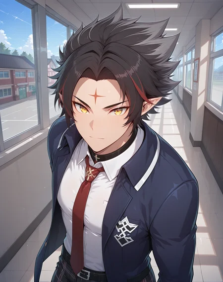 masterpiece, best quality, absurdres, very aesthetic,
1boy, solo, yaoi, male focus,
looking at viewer, cowboy shot,
<lora:Ryan_Werewolf:1> ryanwerewolf, black hair, multicolored hair, pointy ears, facial mark, red hair, two-tone hair, streaked hair, forehead mark, yellow eyes,
school uniform, white shirt, collared shirt, blue jacket, red necktie, black pants, plaid pants,
indoors, school, hallway, window, day, sun,