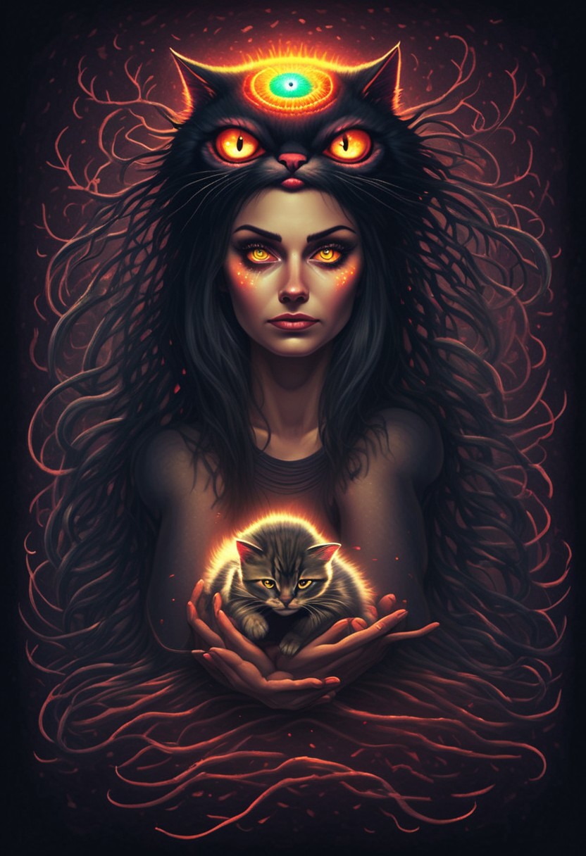 a young woman possesed by strange little cat. the cat sits on her head with glowing eyes. 