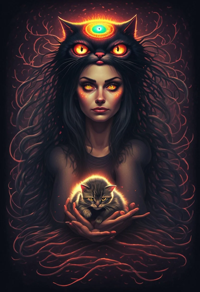 a young woman possesed by strange little cat. the cat sits on her head with glowing eyes.