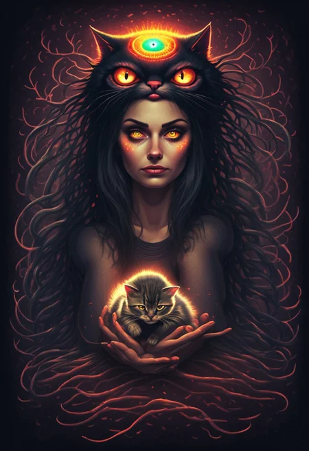 a young woman possesed by strange little cat. the cat sits on her head with glowing eyes.