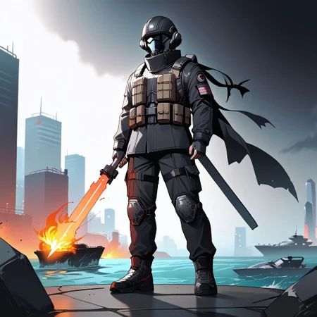 (Full Body view)+++, HD, Anime, 10k Res, gritty, noir, source_anime+, bright, (Perfect Cell Shading), (source_anime)+, (masterpiece)+, best quality, (censor), detailed eyes, zyrnox style, Magic, Fantasy, Military, Cyberpunk, Futuristic Soldier, Include a element of: Air, Water, Fire, or Earth.