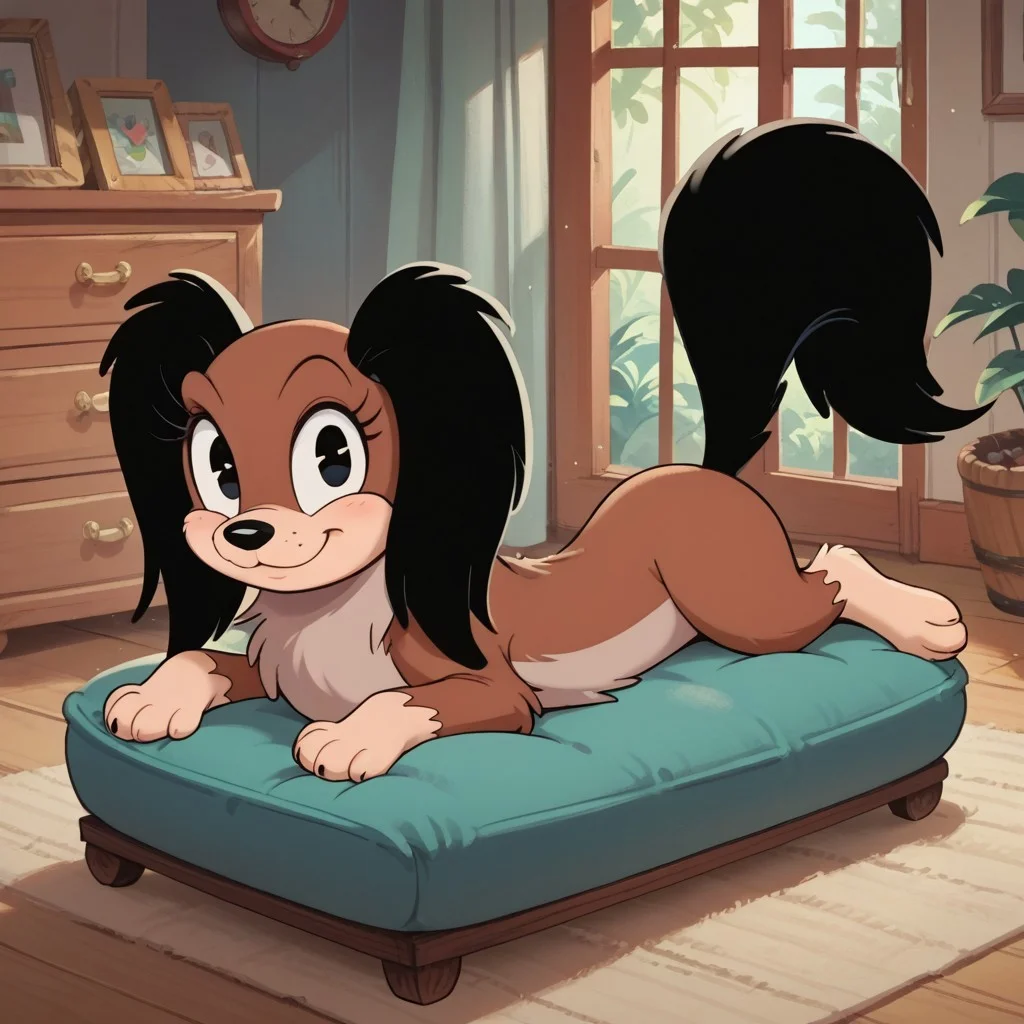 score_9, score_8_up, score_8, score_7, score_6_up, source_cartoon, Fifi(M), Solo, 1girl, feral, dog, pekingese dog, brown fur, two-toned fur, black eyes, dog ears, black nose, long black ears, fluffy black tail, full body, looking at viewer, smile, lying on stomach, living room setting,