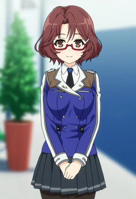 blurred background,
smile,
looking at viewer,
solo,
hundred_-_erica_candle, short_hair, brown_hair, hair_ornament, hairclip, brown_eyes, semi-rimless_eyewear, red-framed_eyewear, medium_breasts,
school_uniform, jacket, long_sleeves, black_necktie, skirt, black_pantyhose,
standing,
masterpiece,best quality,good quality,newest,
