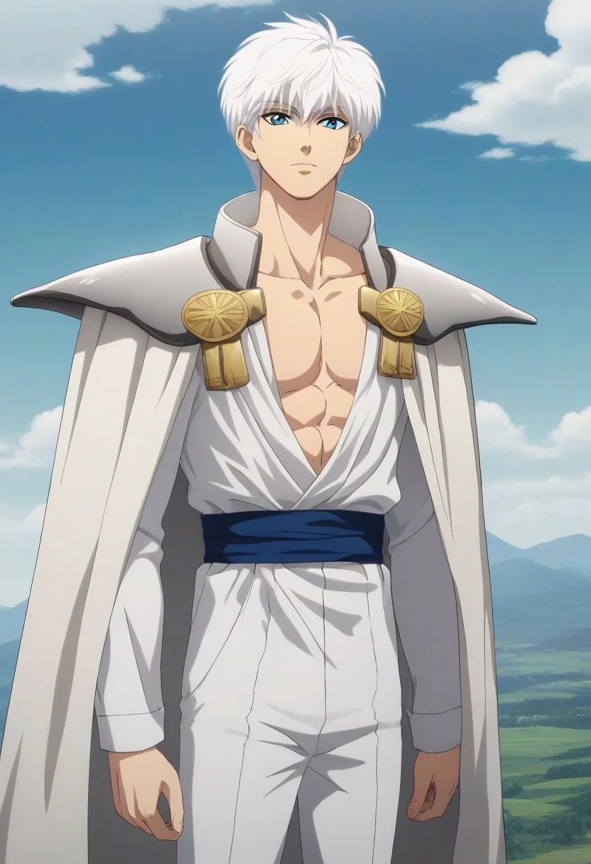 ((masterpiece)), ((best quality)), ((ultra-detailed)), ((absurdres)), score_9_up, score_8_up, score_7_up,
HD, top quality, best quality, amazing quality, High-quality illustrations, anime screencap, source_anime, best aesthetic, perfect proportions, perfect eyes, 1boy, 1male, solo boy, solo male, male focus, solo male focus, Anime, boy, male anime character, anime boy, handsome, cute, charming, Kall-Su, white hair, short hair, light blue eyes, white cape, white wide pauldrons, white greek outfit, long sleeves, low neckline, exposed male cleavage, skintight white pants, ((tall, tall body, tall height)), ((lean body)), ((cowboy shot, head to hips shot)), ((facing viewer, looking at viewer, front view)), ((dark clouds, mountains, stormy weather, thunder)), easynegative, updn, Expressiveh, masterpiece, best quality, very aesthetic, absurdres