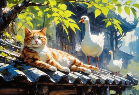 A tranquil and picturesque photograph of two ginger cats lounging on the traditional tiled roof of an old-style building. One cat is peacefully lying down with its eyes closed, basking in the warmth of the sun, while the other is actively exploring, stepping carefully along the curved tiles. The cats' vibrant orange fur contrasts beautifully with the dark blue-gray tones of the roof tiles, creating a harmonious yet visually striking composition.
In the background, the blurred view of a traditional structure with wooden windows and intricate detailing adds depth and context to the setting. Bright green leaves from a nearby tree hang into the frame, illuminated by sunlight, adding a fresh and lively touch to the otherwise calm and serene scene.
The natural lighting enhances the colors and textures, with the sunlight casting soft shadows across the roof and accentuating the curves of the tiles. The overall atmosphere is peaceful and idyllic, capturing a quiet moment of life in a traditional, rural environment.
a group of white geese walking in a single file along