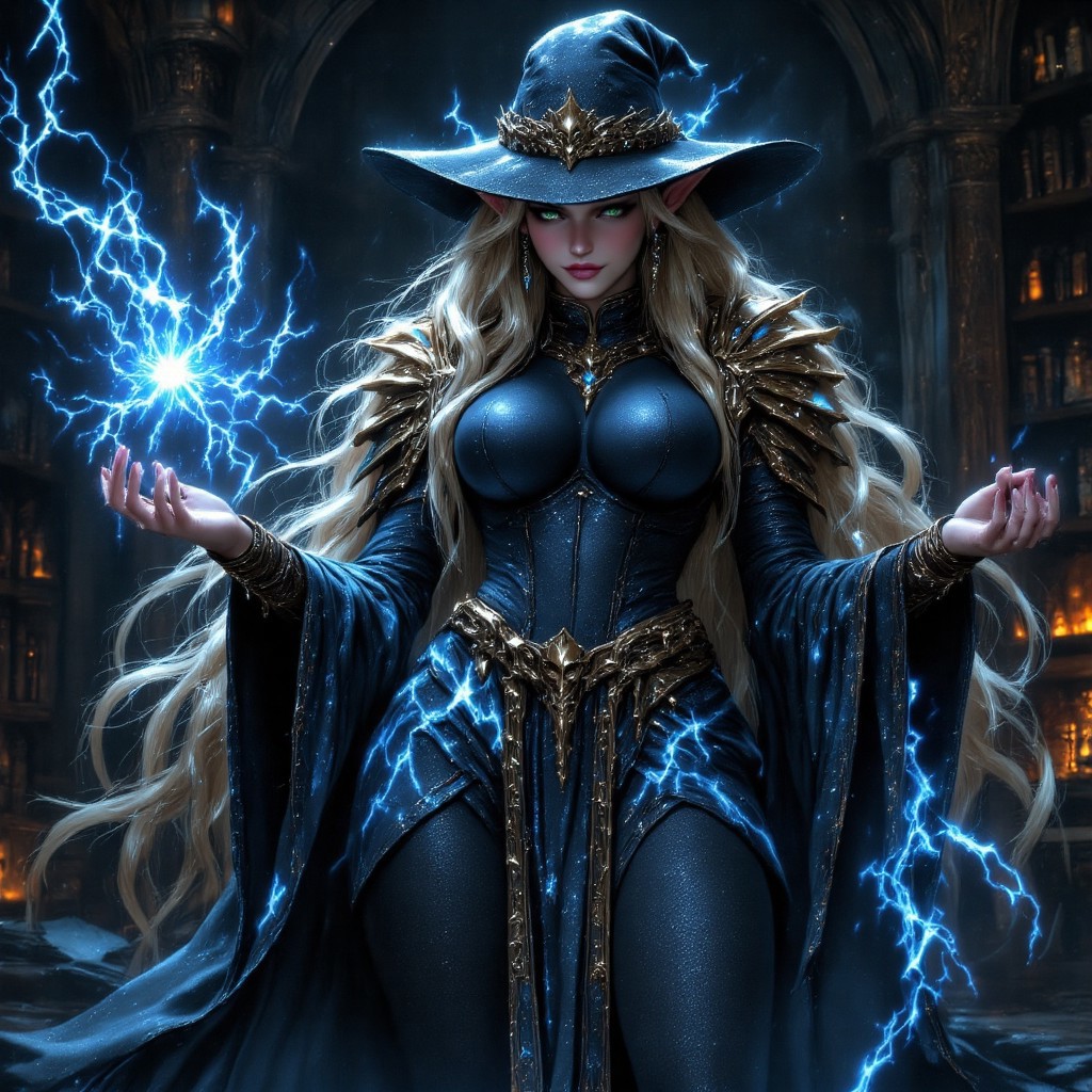 1girl, blonde hair, Bethiella, sexy face, sexy elf, big breasts, dark picture, pale green eyes, puplils showing, long pale blonde hair, styled hair, styled ponytail, very long hair, casting a blue magical spell, full wizzard blue robe, wizzard hat, wizzard shoulder pads, clothes covering her entire body,