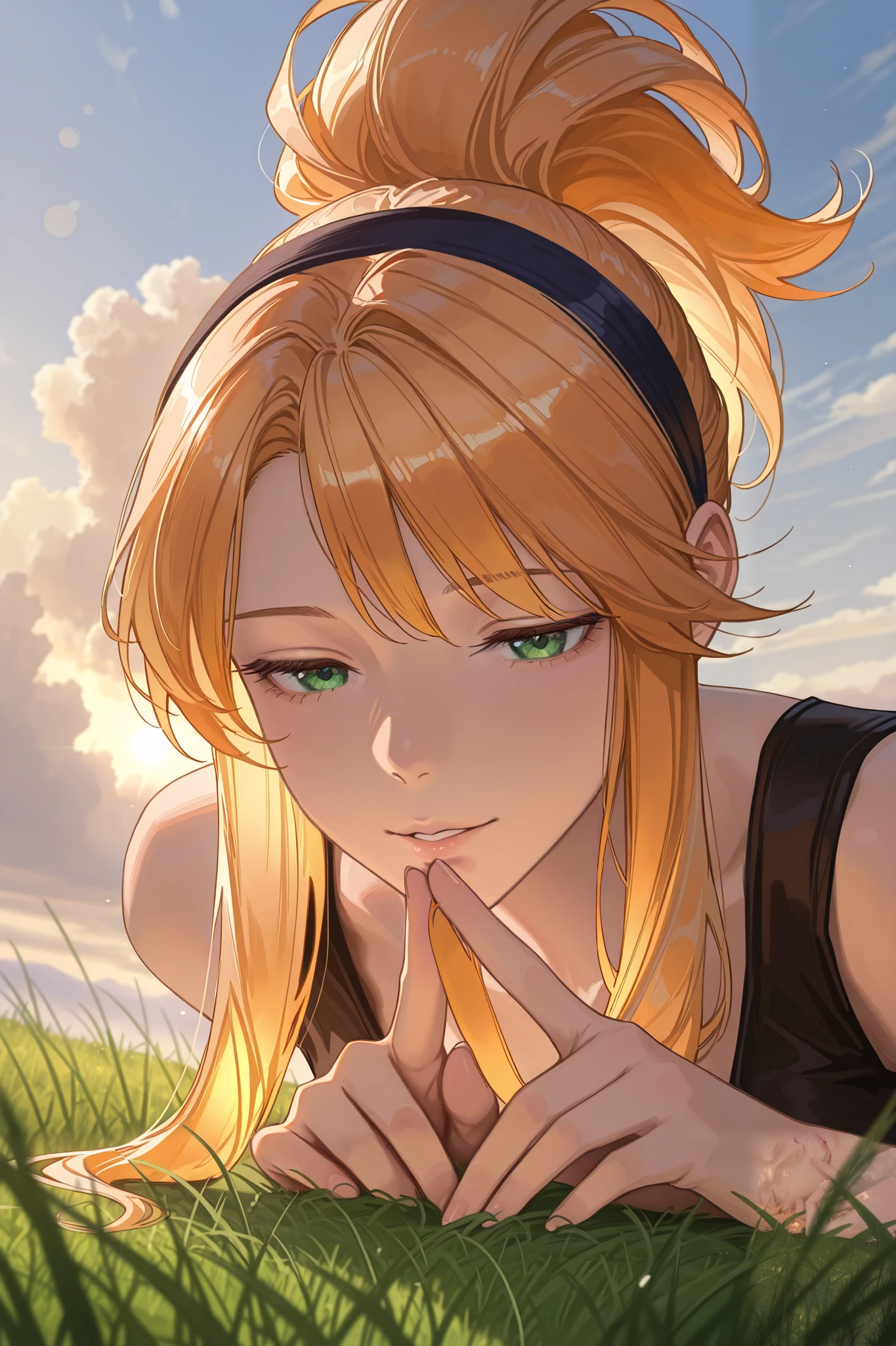 Masterpiece, best quality, ultra-detailed, absurdres, newest, very aesthetic, cinematic, dramatic lighting,  
1girl, solo, fannyskylark, light orange hair, ponytail, sidelocks, bangs, green eyes, dark blue hairband, elegant pose, cowboy shot, lying on grass, relaxed expression, eyes looking at the sky, soft smile, slightly parted lips, fingers gently touching the grass, sunlight kissing skin, soft breeze moving hair, golden hour glow, warm backlight, soft clouds drifting in the sky, tall grass swaying, natural depth of field, serene and peaceful mood, carefully balanced composition, fine art photography style, painterly aesthetic, subtle lens flare, evocative storytelling  
