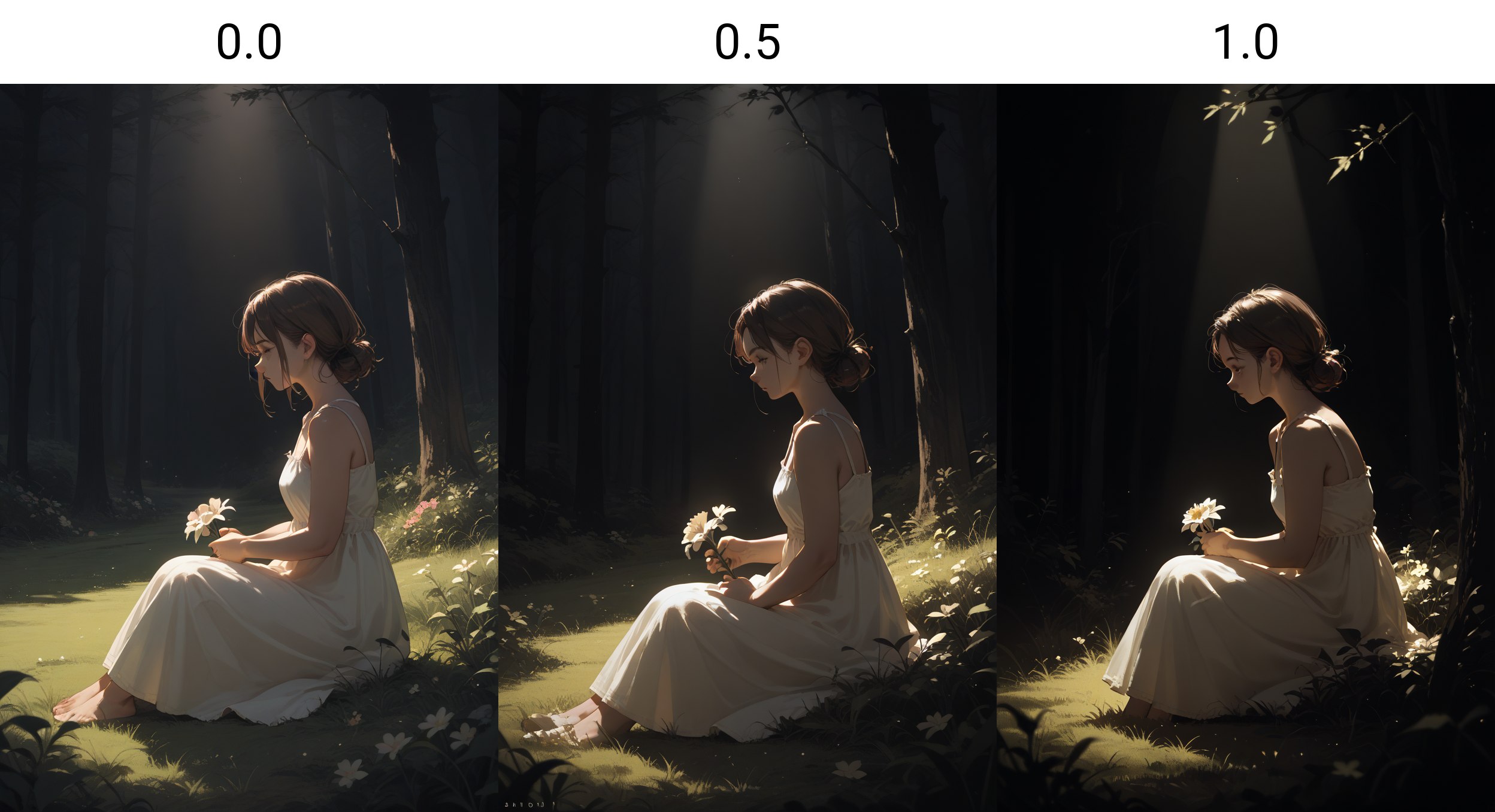 score_9, score_8_up, score_7_up, score_6_up, <lora:dark_v1.9-pony:0.0>
dark theme, dark background, 
1girl, brown hair, from side, 
sitting, grass, holding flower, sundress, 
tree,forest,spotlight,