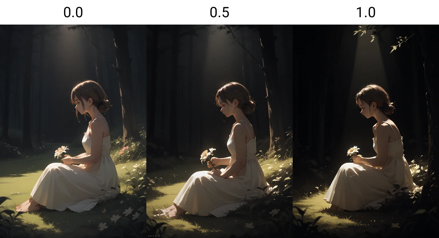 score_9, score_8_up, score_7_up, score_6_up, <lora:dark_v1.9-pony:0.0>
dark theme, dark background, 
1girl, brown hair, from side, 
sitting, grass, holding flower, sundress, 
tree,forest,spotlight,