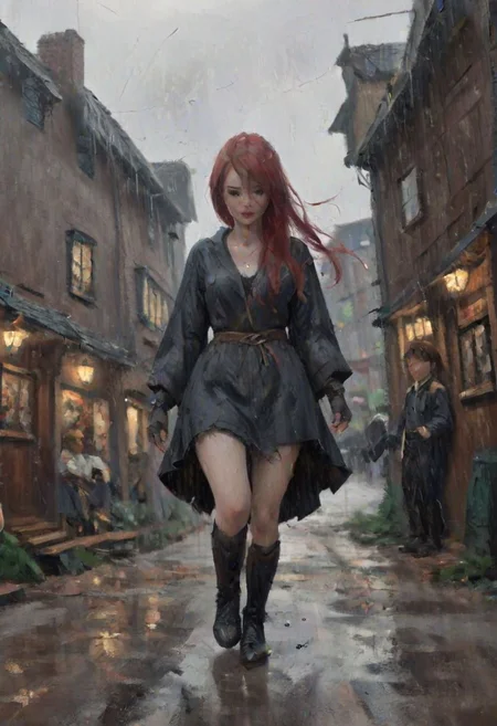 impressionist painting, WLOP_illustration_style, fantasy, medieval, wood, inn, muddy road, evening, overcast, (fisheye:1.5), from below, sky, dramatic clouds, dark, gray, (heavy raining:1.5), desaturated, painting, (rough brush strokes:1.25).
Redhead, woman (far in background:2), _fox ears_, Enigma_Kitsune, heavy clothes, cloak, dancing, laughing at sky, spinning, long hair