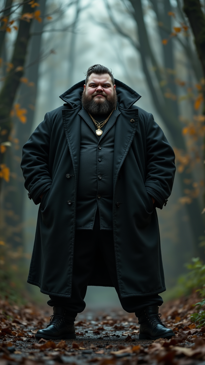 Evil morbidly obese Oriental Sven, he is wearing a Pea coat, Thumbs up pose, Trendy hair styled as Short and slicked back, inside a nature, nature-inspired, aidmamj6.1