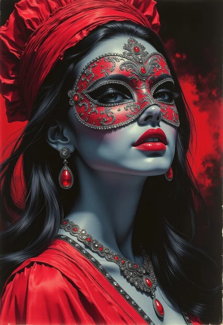 abstract photorealistic ink image in red, black and blue, oriental woman at a masquerade ball, long dark hair with blonde highlights, jewelled earrings, necklaces, sequinned robes, wearing an elaborate masquerade mask, directional lighting illuminating her from one side