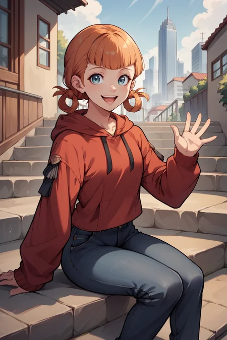 score_9, score_8_up, score_7_up, score_6_up, source_anime, BREAK 1girl, solo <lora:annette-pdxl-nvwls-v1-000005:1> defAnne, hair rings, short twintails, blunt bangs, red hoodie, jeans, sitting, waving, looking at you, happy, city, stairs, sleeves past wrists
