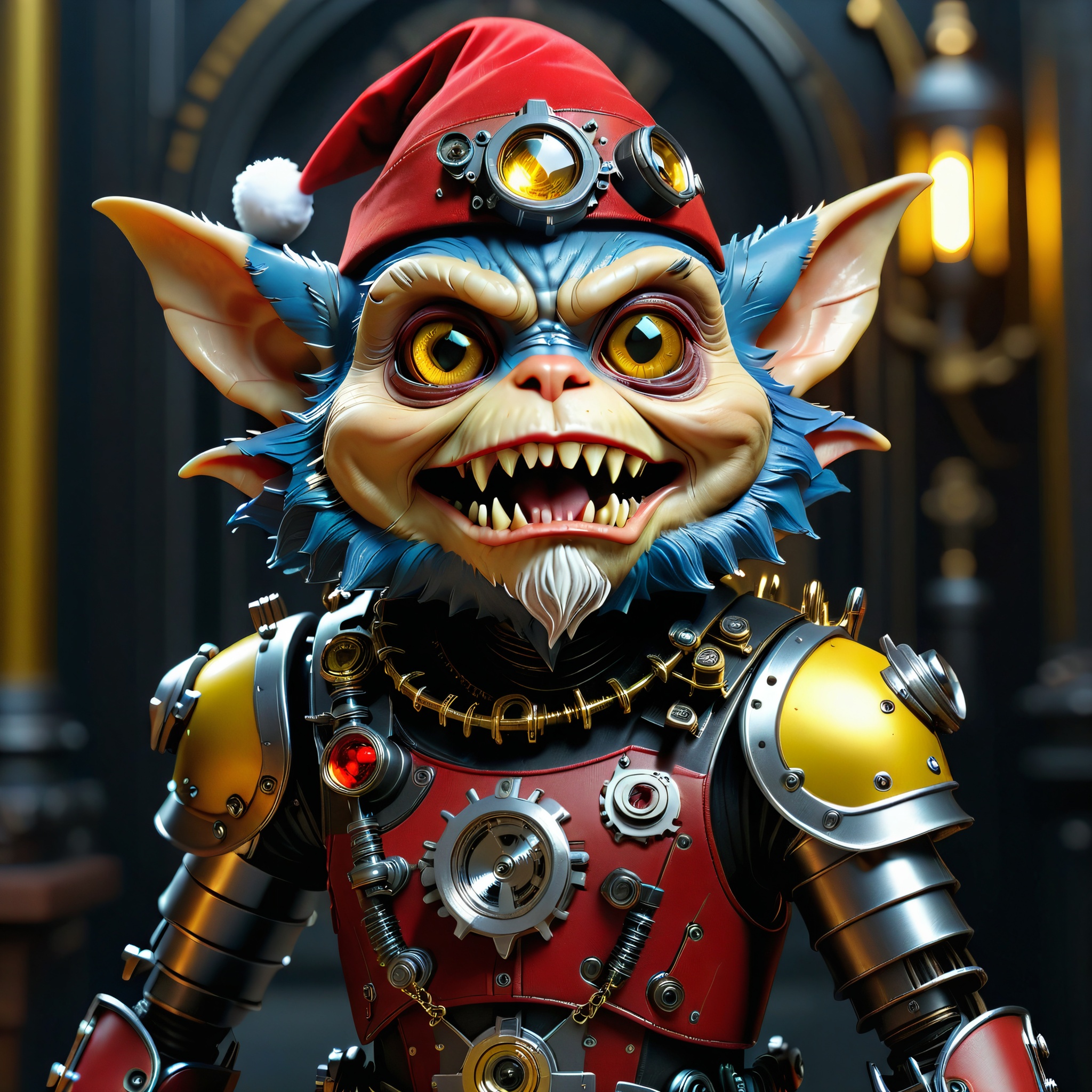 masterpiece, intricate photo of chritmas mechanical robot gremlin in knight armor with santa claus cap, vampire clothing, cyberpunk style, steampunk style, gothic art, yellow red blue black dress, hyper realistic, highly detailed, sharp focus, best quality, 8K