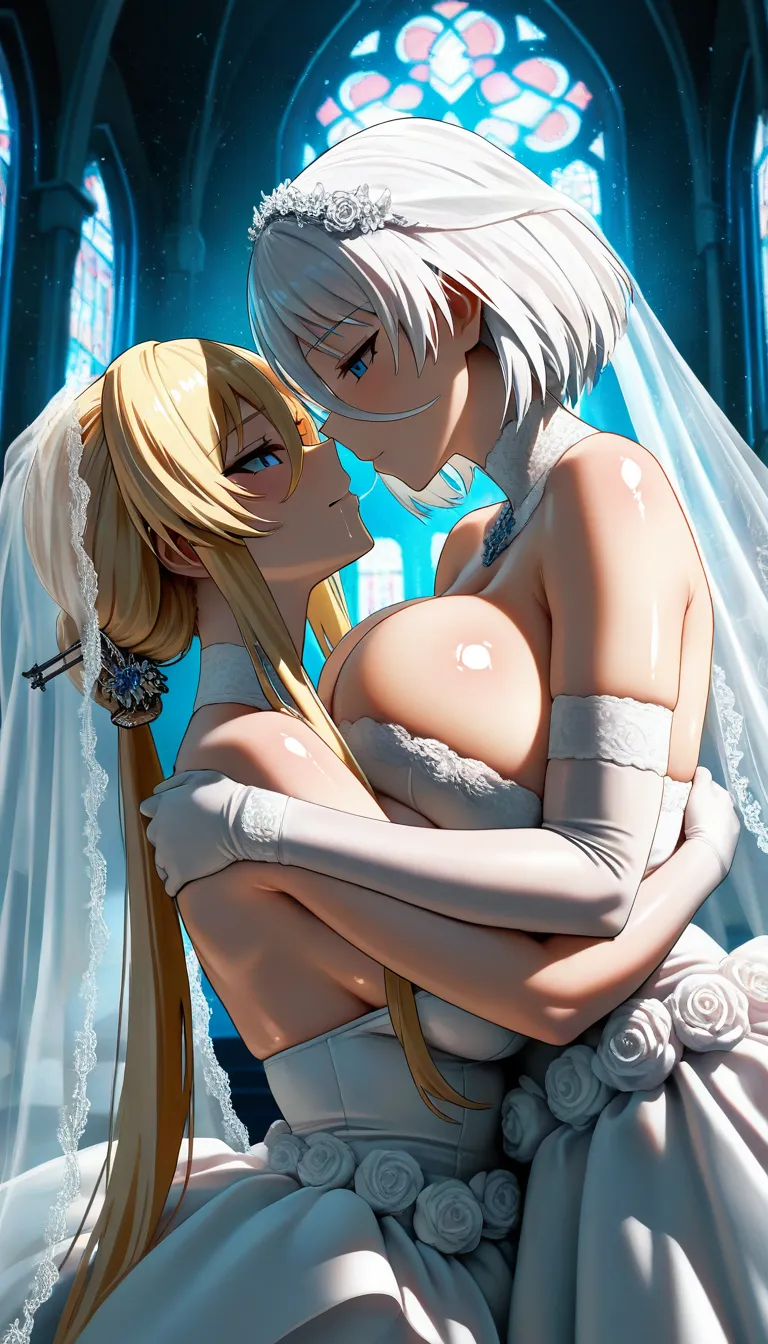 (masterpiece, best quality), amazing quality, very aesthetic, absurdres, highres, ultra detailed, best anatomy, 2024, newest, HDR, 8K, high detail RAW color art, high contrast, large pupil, eyelashes, shiny skin, detailed background, anime-reference, anime coloring,
bismarck\(azur_lane\), blue eyes, blonde hair, long hair, ponytail, hair stick, long sidelocks, wedding dress, blush, after kiss,tirpitz\(azur_lane\) white hair, short hair, wedding dress, deep kiss, saliva trail, huge breast, shiny skin, symmetrical docking, hug, light smile, indoors, church, dramatic lighting, particles,